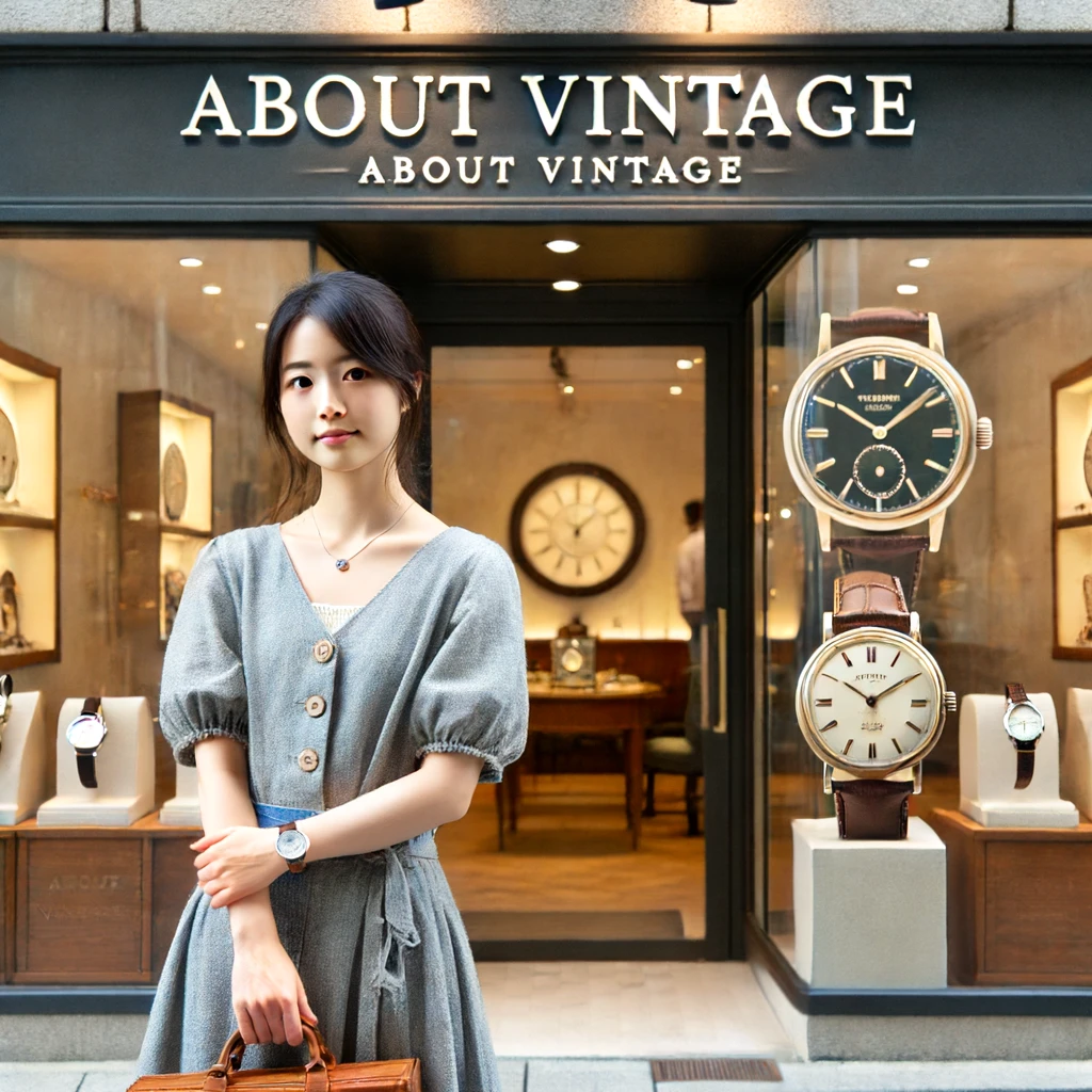 A-young-Japanese-woman-standing-in-front-of-a-stylish-storefront-of-a-watch-boutique.-The-store-has-a-sign-that-says-About-Vintage-in-both-Japanese-.webp