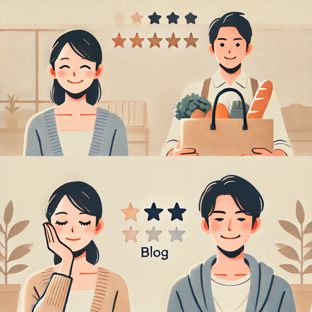 A-clean-flat-style-illustration-showing-Japanese-people-reacting-to-grocery-services.-On-one-side-a-Japanese-woman-looks-satisfied-and-relaxed-after.webp