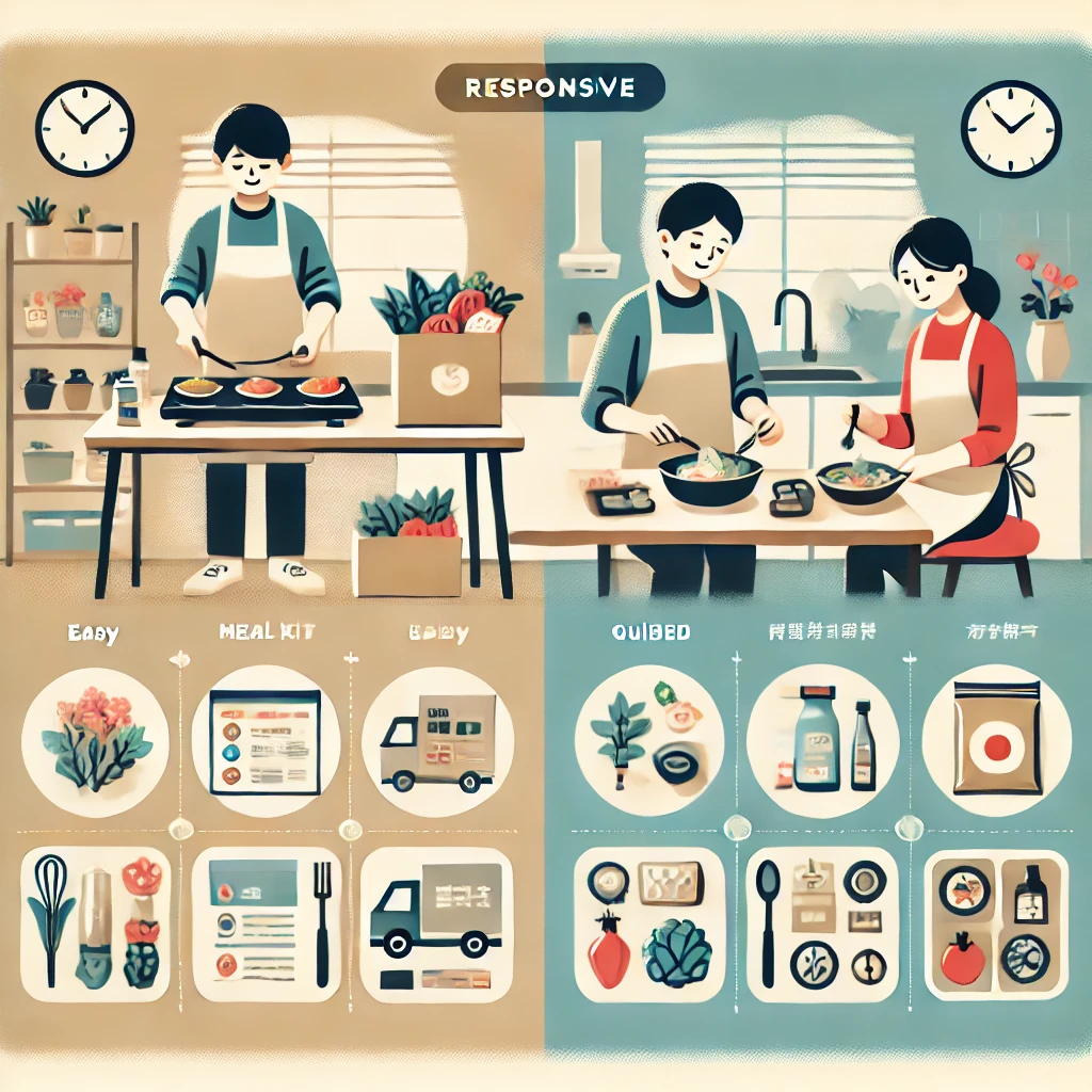 A-responsive-flat-design-illustration-showing-a-Japanese-family-preparing-a-meal-using-a-meal-kit-from-a-grocery-delivery-service-contrasted-with-tra.webp