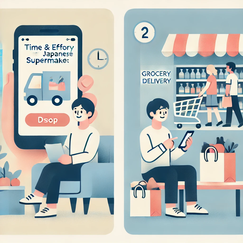 A-flat-style-responsive-illustration-comparing-the-time-and-effort-of-grocery-shopping-at-a-Japanese-supermarket-versus-using-an-online-grocery-deliv.webp