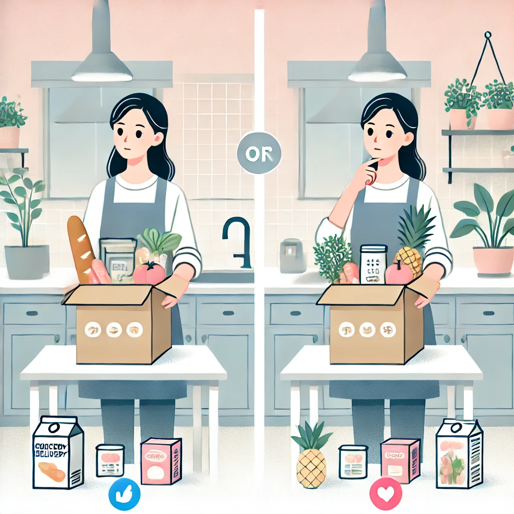 An-illustration-in-clean-flat-design-style-showing-a-Japanese-woman-comparing-the-quality-and-volume-of-food-items-from-an-online-grocery-delivery-bo.webp