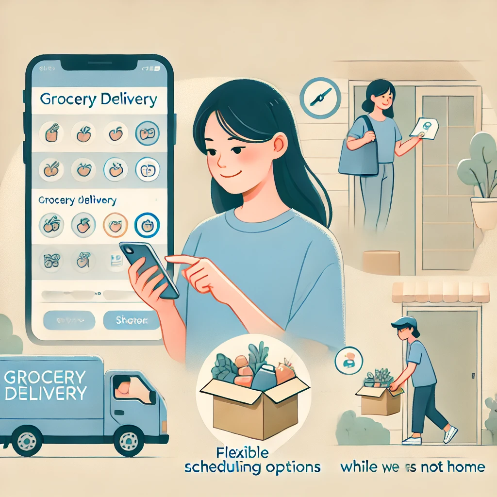 A-clean-and-modern-flat-style-illustration-showing-a-Japanese-woman-receiving-a-grocery-delivery-with-flexible-scheduling-options.-She-is-shown-adjust.webp