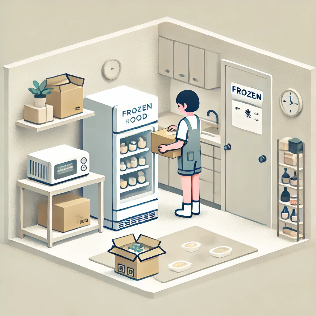 A-minimalist-flat-style-illustration-showing-a-young-Japanese-person-living-alone-in-a-small-apartment-receiving-a-delivery-of-frozen-food-from-an-on.webp