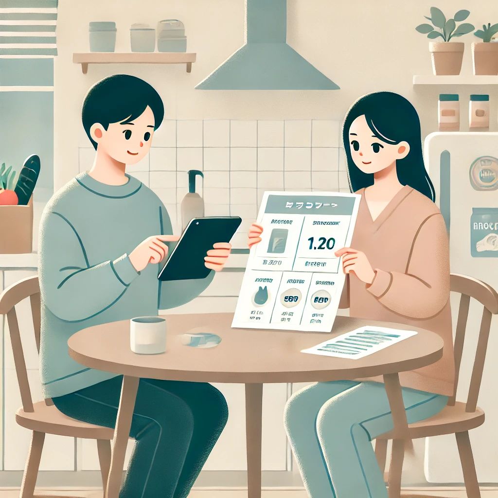 A-flat-minimalist-illustration-showing-a-Japanese-couple-reviewing-the-benefits-of-a-grocery-delivery-services-pricing-and-discount-system-at-their-.webp