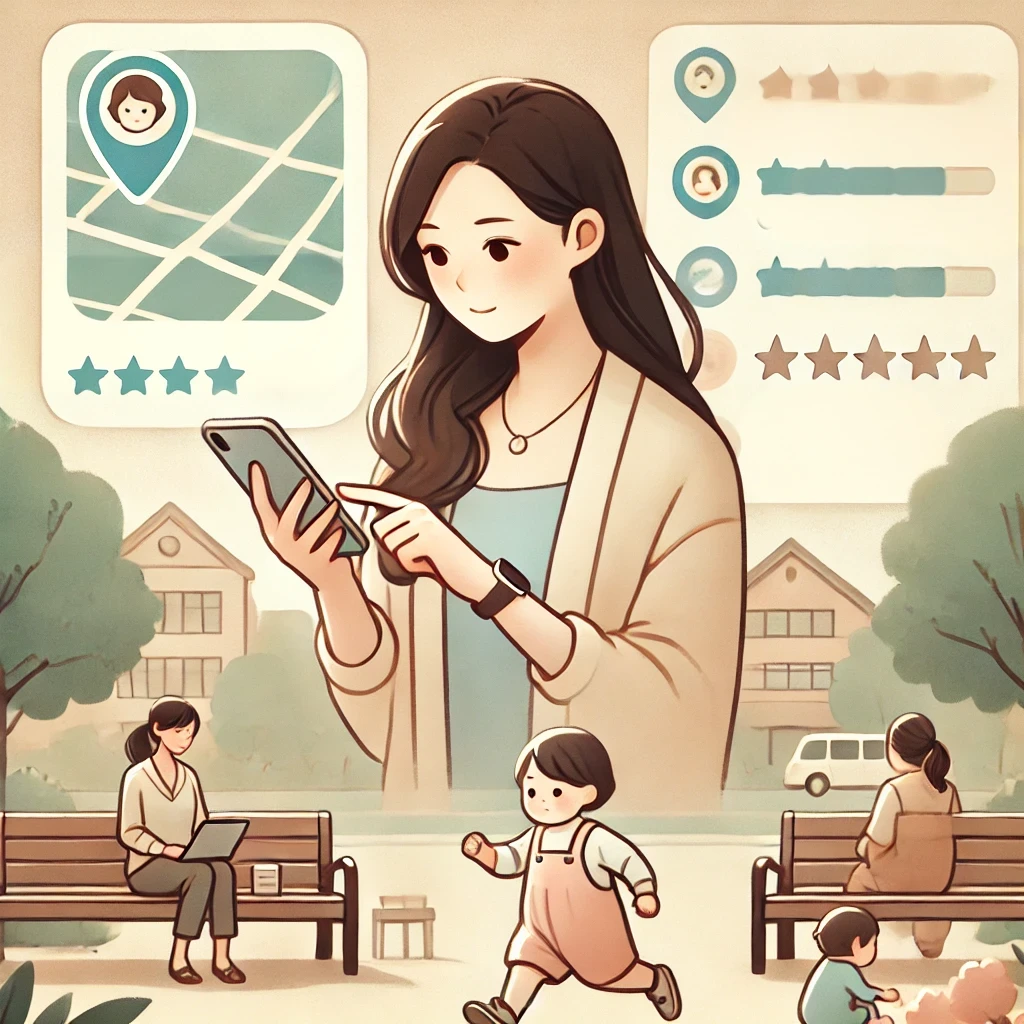 A-modern-clean-illustration-in-a-soft-friendly-style-showing-a-Japanese-mother-using-a-smartphone-while-looking-at-her-child-playing-safely-in-a-par.webp