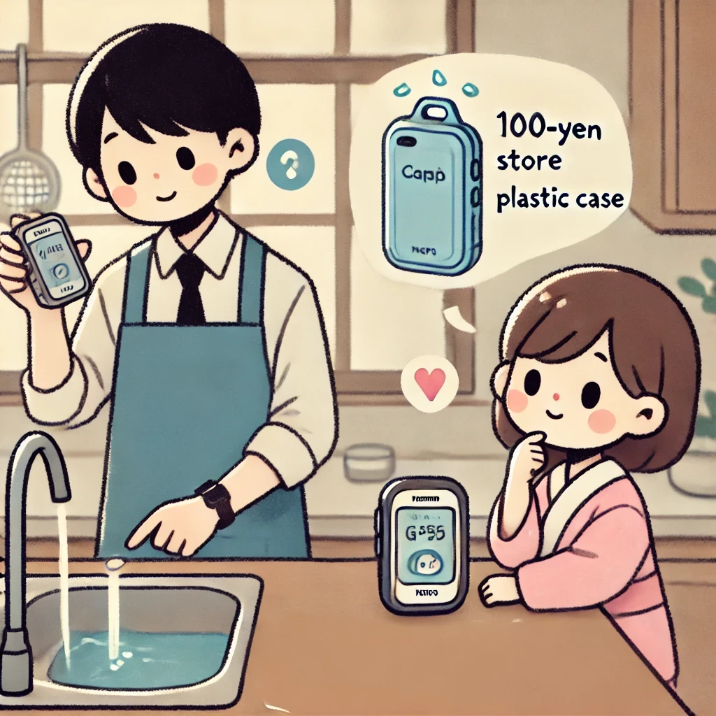 A-soft-friendly-illustration-showing-a-Japanese-parent-examining-a-child-GPS-tracker-next-to-a-sink-comparing-its-waterproof-capability-with-a-100-y.webp