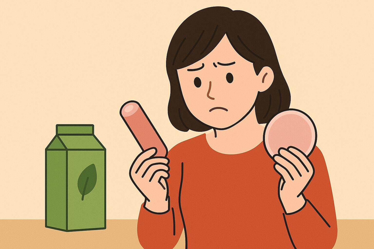 シンプルな台所で食材を選ぶ日本人女性が、無添加食品を手に取りながら真剣な表情で商品ラベルを確認している様子を描いたフラットスタイルのイラスト。自然な色合いと柔らかな光が安心感を演出している。
