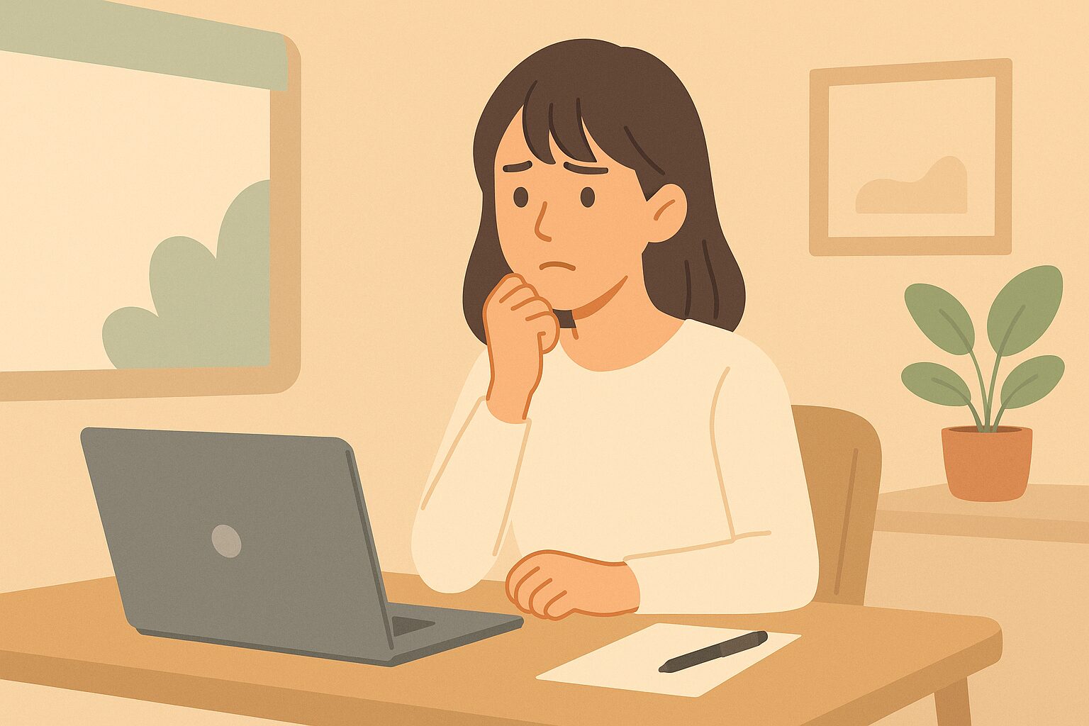 若い日本人女性がキッチンで無添加食品を手に取りながら考えている様子のイラスト