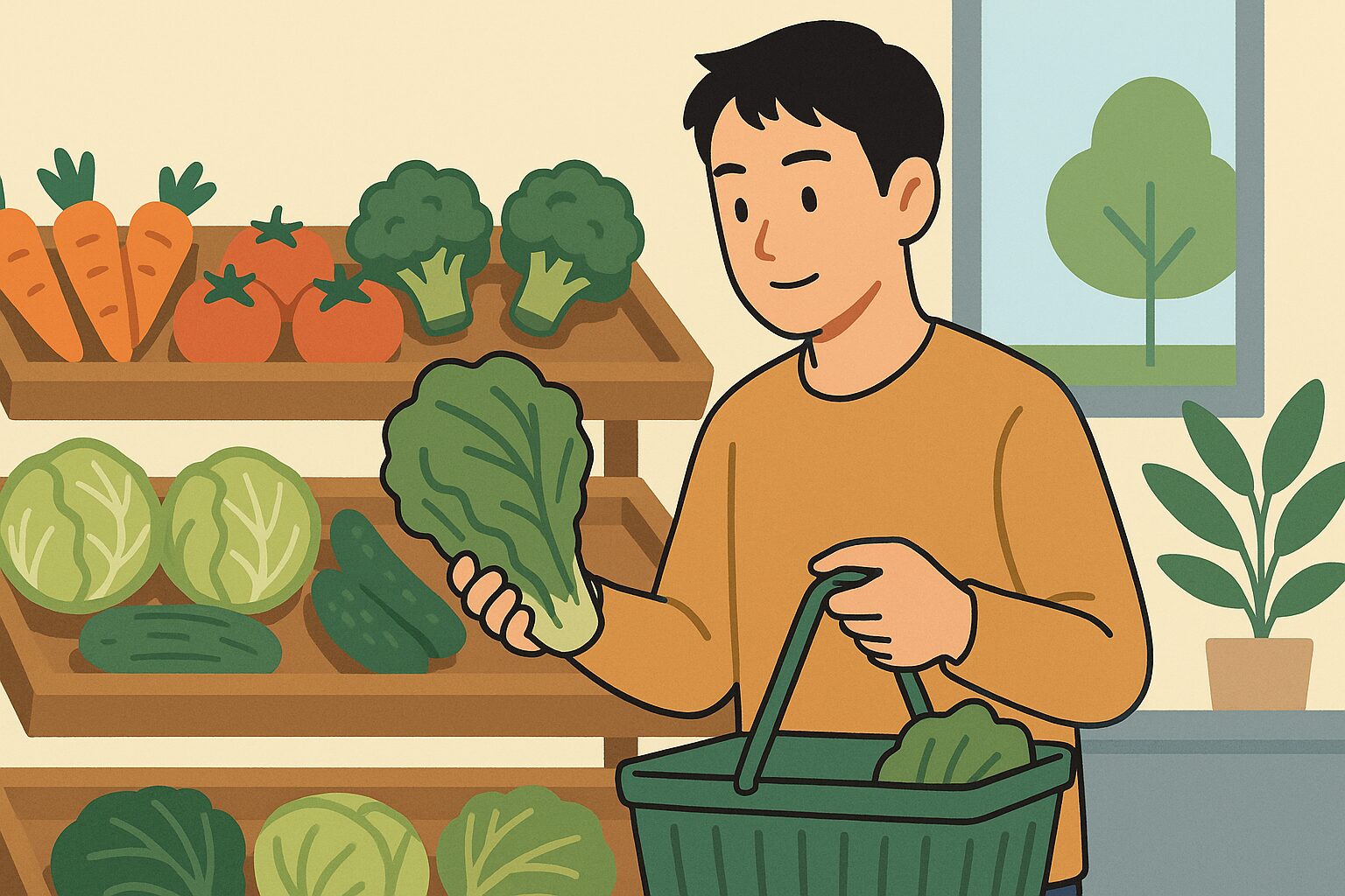 若い日本人男性が、食材の並ぶテーブルを前に健康的な食品を選んでいる様子のイラスト