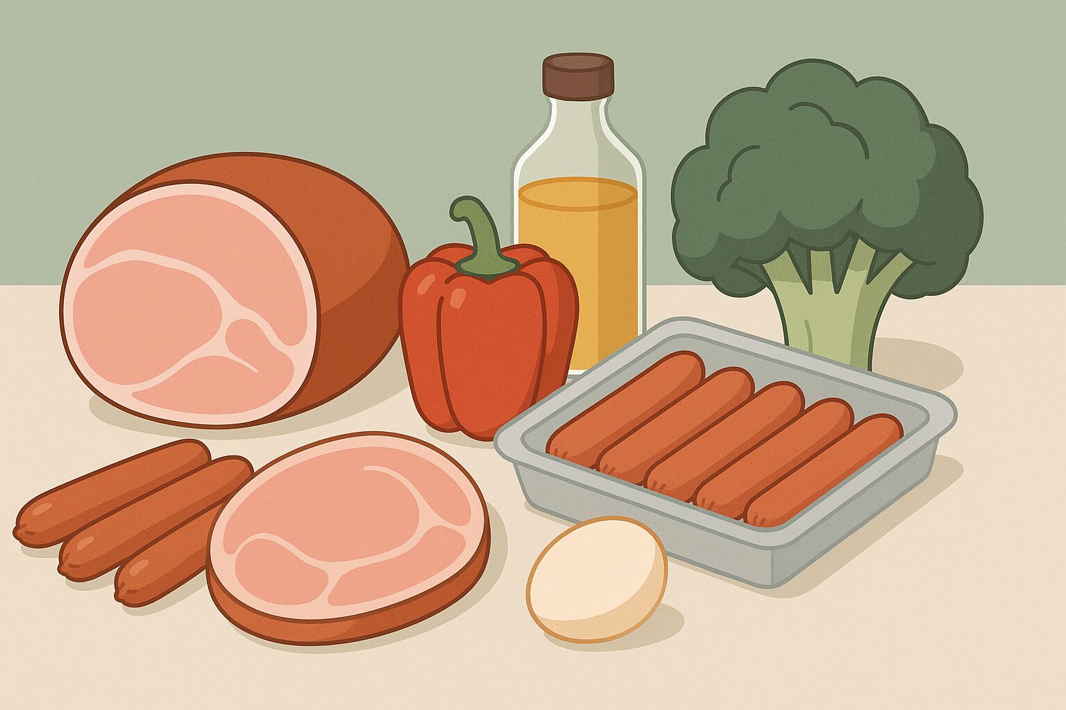 皿の上に並ぶハムとウインナー、野菜と調味料が一緒に描かれているフラットイラスト