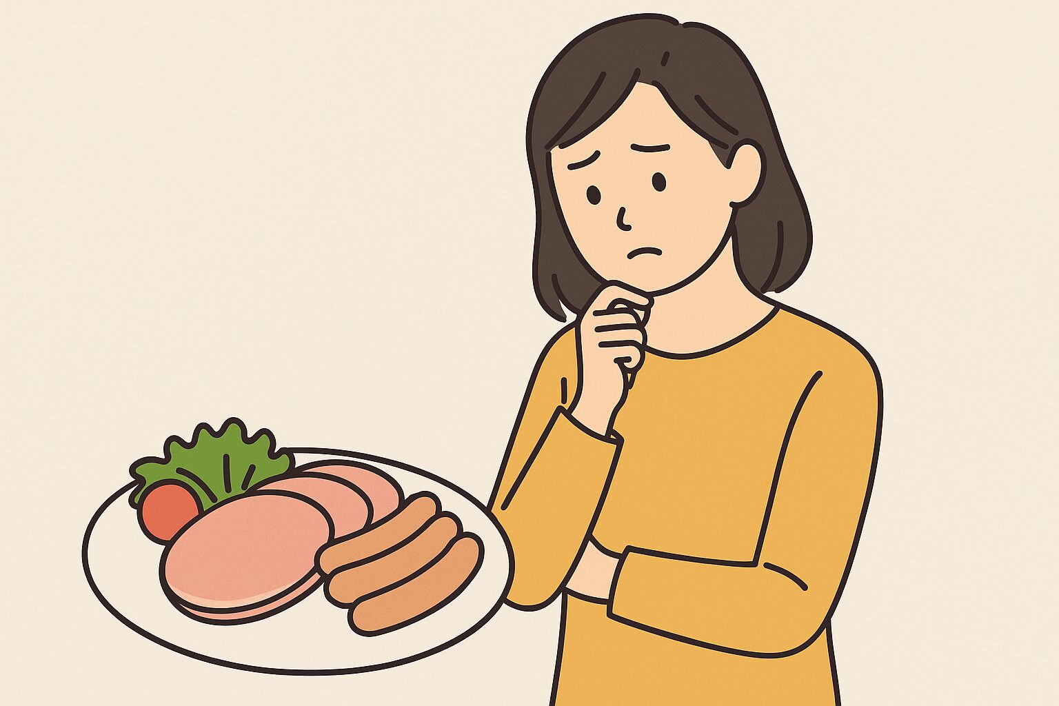 日本人の若い女性がウインナーとハムの成分を真剣に確認している様子のイラスト