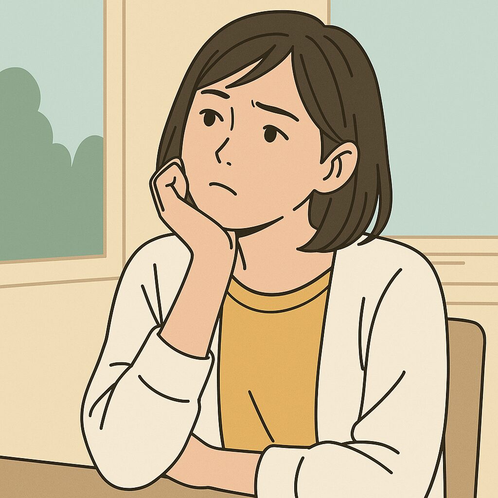 室内のテーブルに座り、考え込む表情を浮かべた若い日本人女性のイラスト