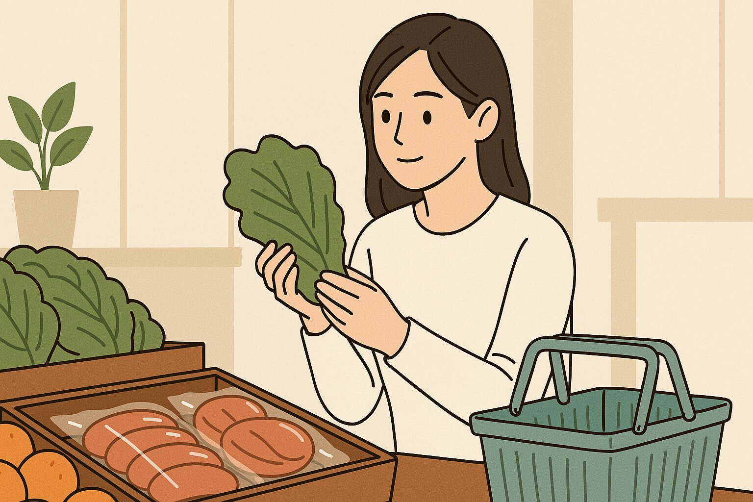 店内で野菜を手に取る若い日本人女性のイラスト