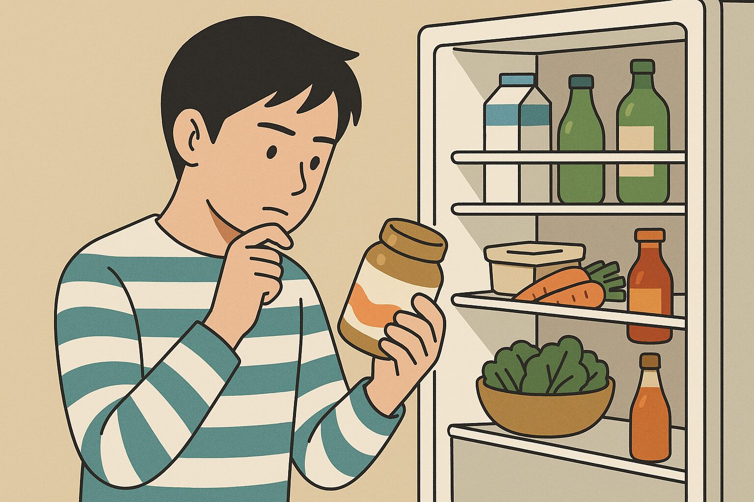 若い日本人男性が無添加食品について考えている様子のフラットデザインイラスト