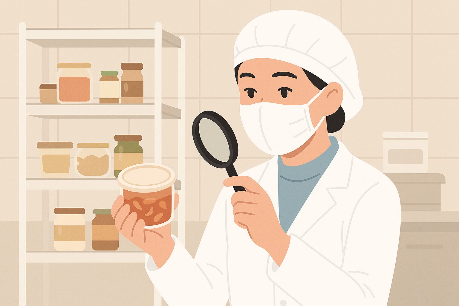 白衣とマスクを着用した日本人の検査員が、食品サンプルをルーペで慎重に調べている実験室内の様子