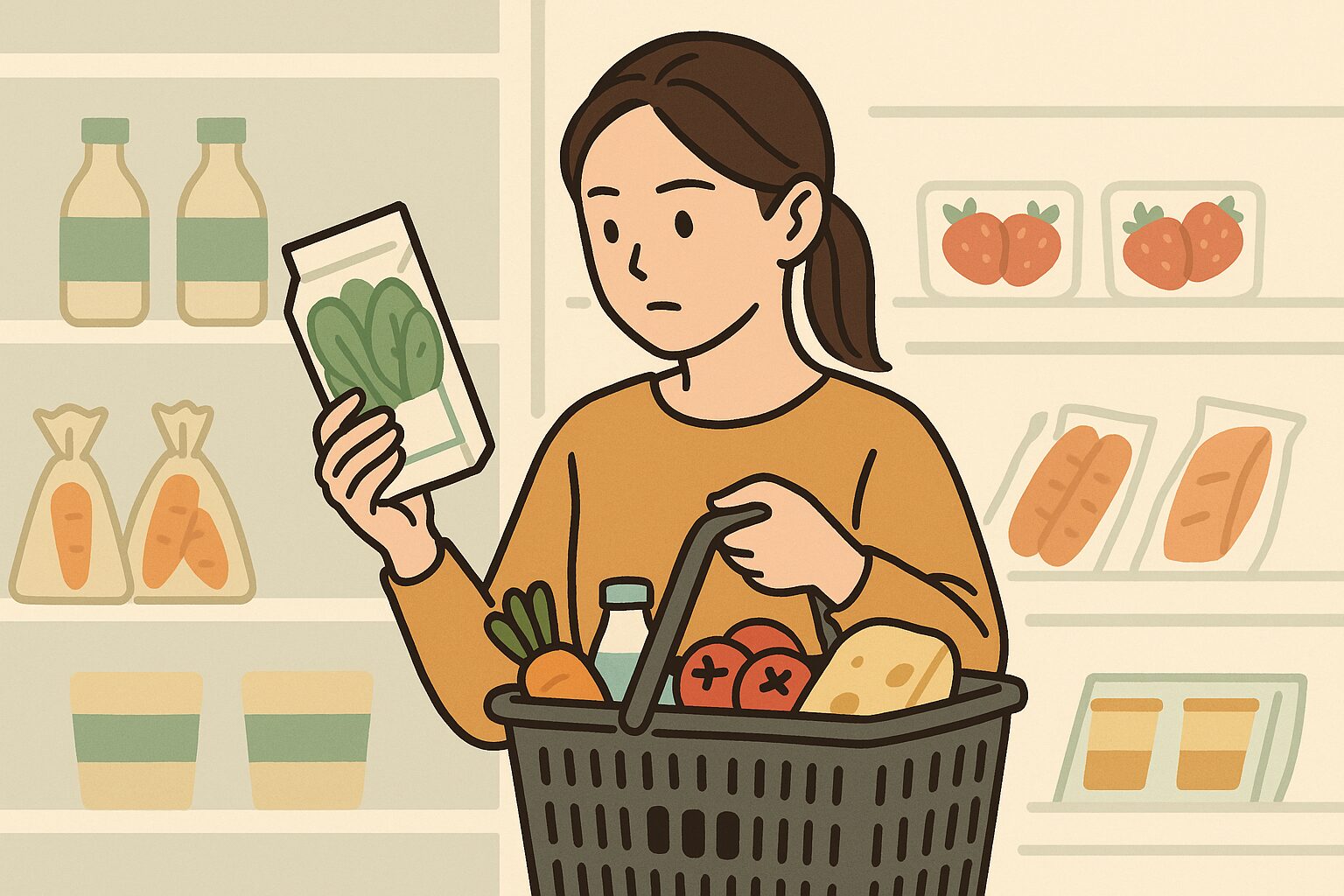 無添加食品を選ぶ若い日本人女性が冷蔵棚の商品を慎重に見比べている様子のイラスト