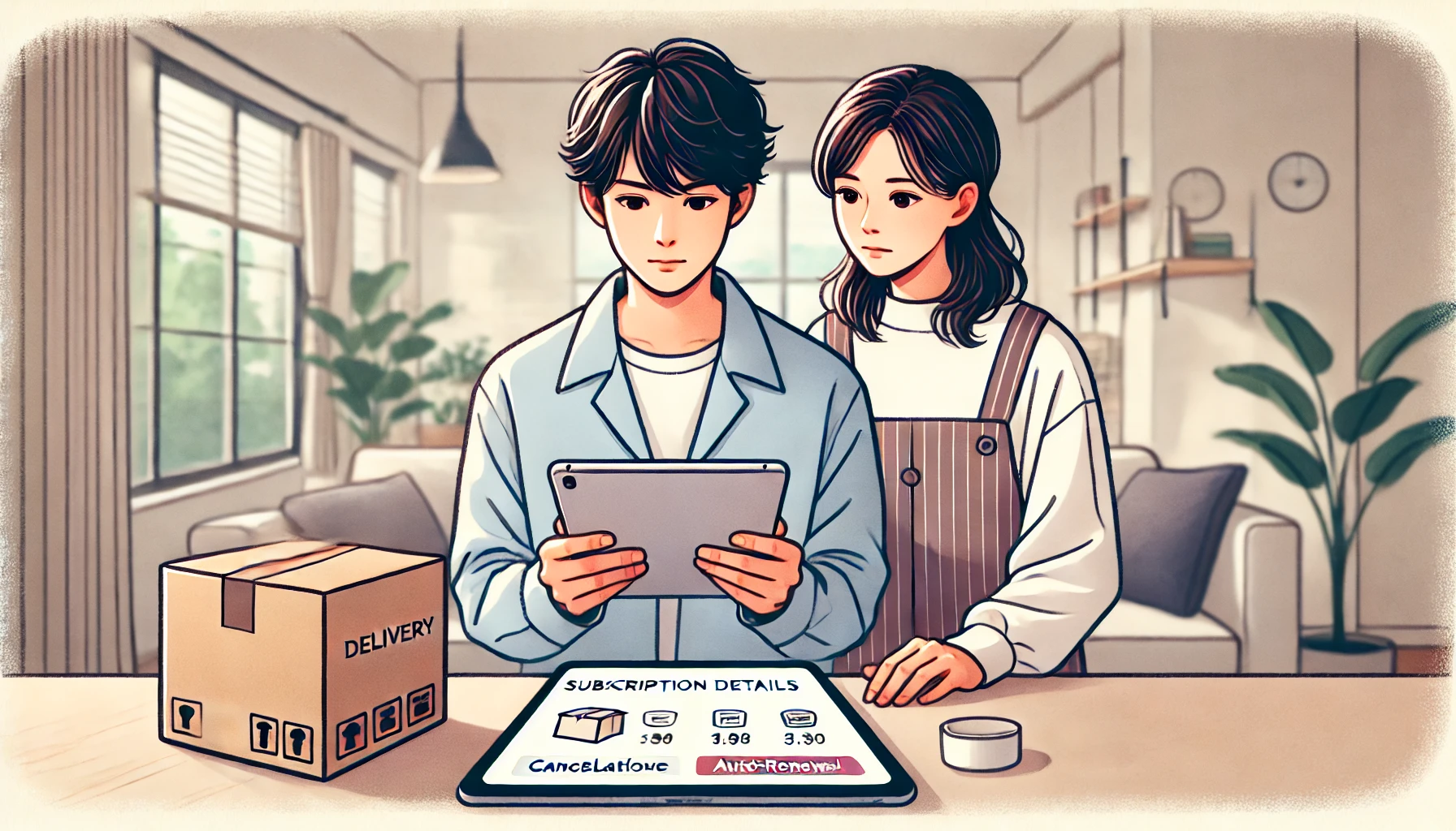 日本人カップルがタブレットで自動加入の確認をしている様子