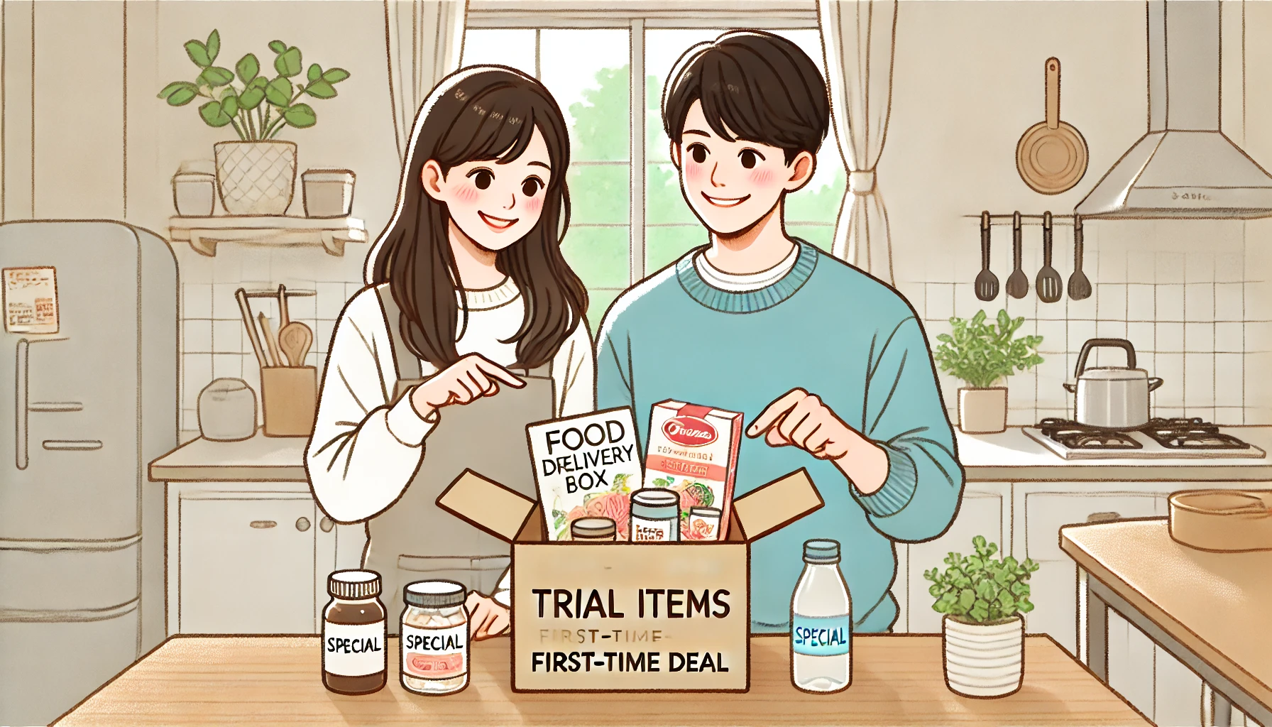 日本人カップルが割引商品入りの宅配ボックスを笑顔で開けている様子